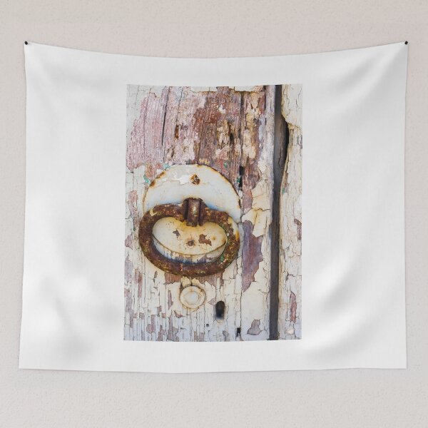 Item preview, Rusty Door Knocker on Weathered, Peeling Wood Door with Rustic Charm designed and sold by Nmallia.