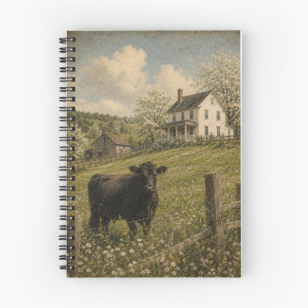Item preview, Vintage Farmhouse Oil Painting Black Angus Cow Meadow designed and sold by Jozefin's Studio.