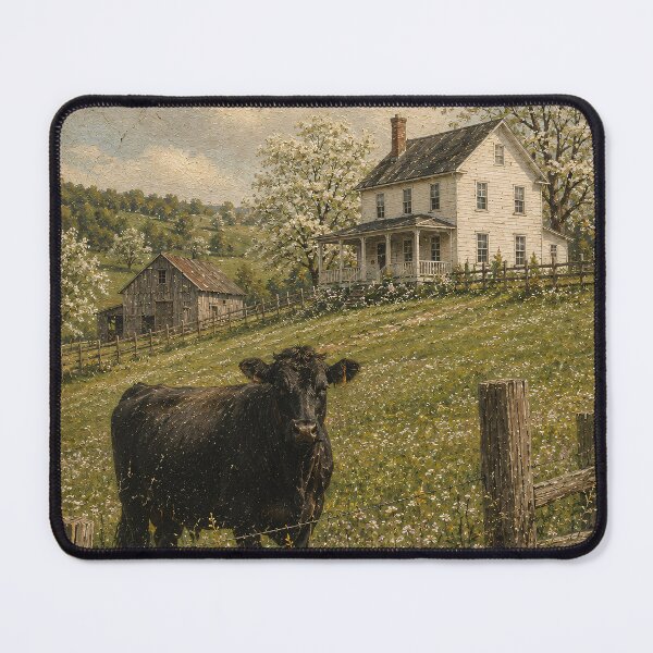 Item preview, Vintage Farmhouse Oil Painting Black Angus Cow Meadow designed and sold by Jozefin's Studio.