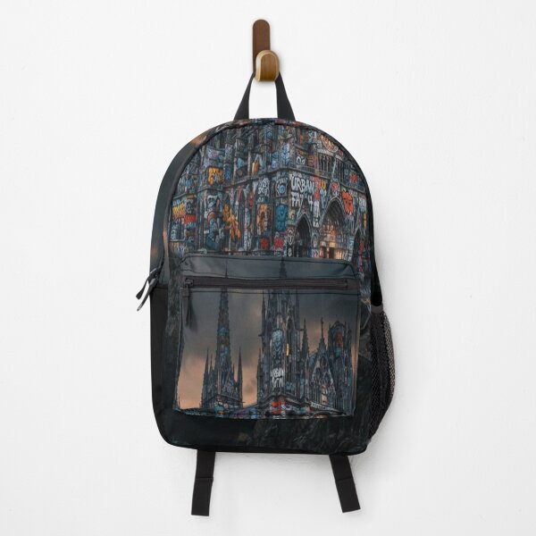 Item preview, Gothic Cathedral Covered in Neon Street Art: Dark Urban Fantasy Art Print designed and sold by AfresStudio.