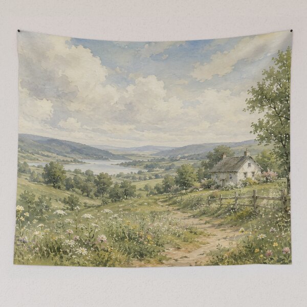 Item preview, Vintage Countryside Oil Painting Rolling Hills Cottage designed and sold by Jozefin's Studio.