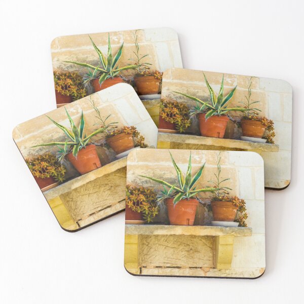 Item preview, Three Potted Succulents on Rustic Stone Shelf Against Warm Brick Wall designed and sold by Nmallia.