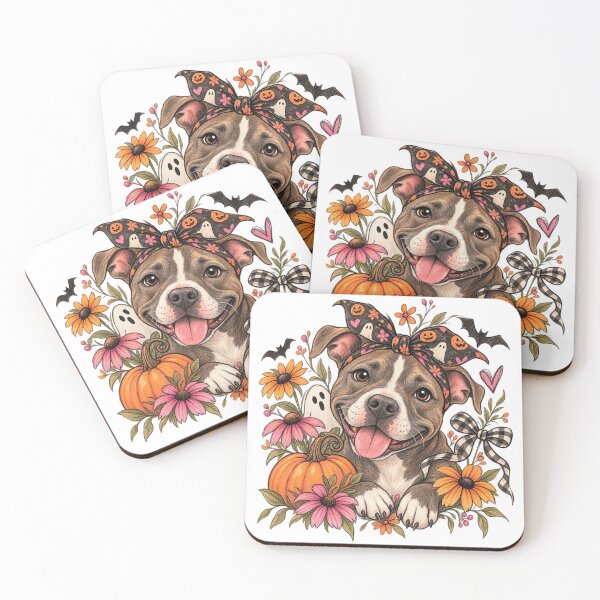 Item preview, Whimsical Halloween Pit Bull Dog with Pumpkins, Ghosts & Fall Flowers designed and sold by SezzyDesigns.