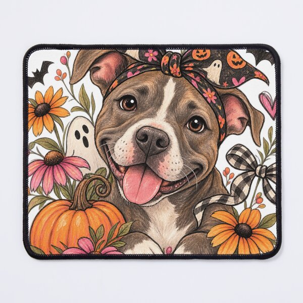 Item preview, Whimsical Halloween Pit Bull Dog with Pumpkins, Ghosts & Fall Flowers designed and sold by SezzyDesigns.