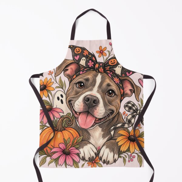 Item preview, Whimsical Halloween Pit Bull Dog with Pumpkins, Ghosts & Fall Flowers designed and sold by SezzyDesigns.