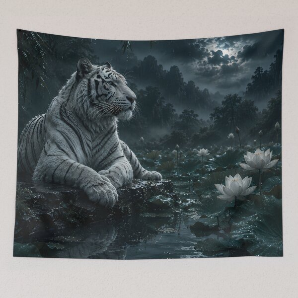 Item preview, White Tiger in Moonlit Lotus Pond – Mystical Blue Night Wildlife Art designed and sold by ManJiangHong.