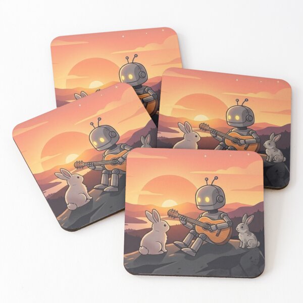 Item preview, Robot Guitarist with Rabbits – Surreal Sunset Illustration designed and sold by Dogandesighn.