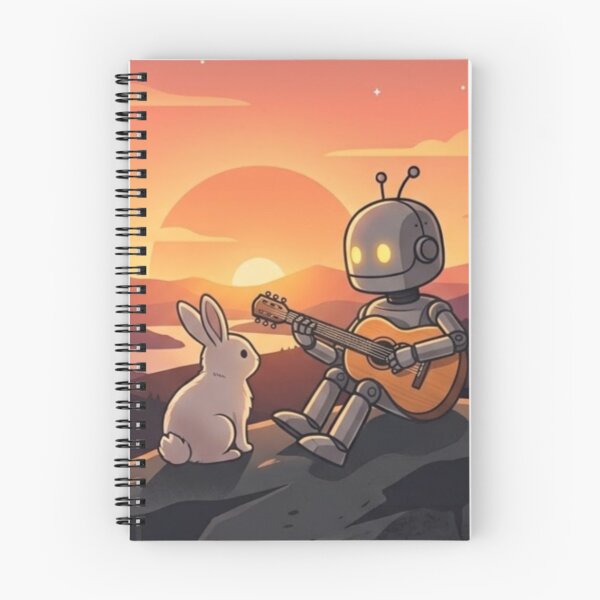 Item preview, Robot Guitarist with Rabbits – Surreal Sunset Illustration designed and sold by Dogandesighn.