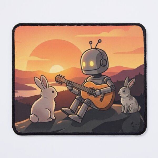 Item preview, Robot Guitarist with Rabbits – Surreal Sunset Illustration designed and sold by Dogandesighn.
