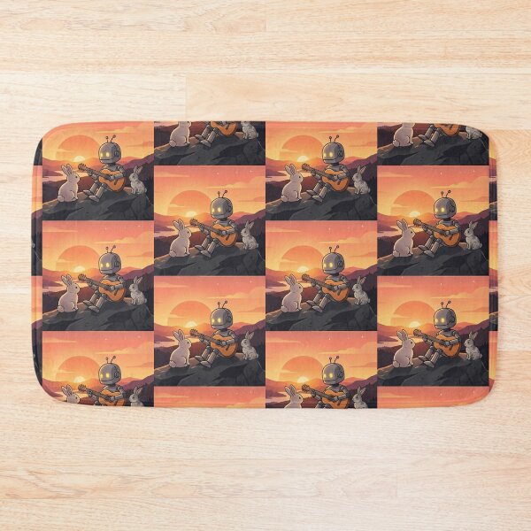 Item preview, Robot Guitarist with Rabbits – Surreal Sunset Illustration designed and sold by Dogandesighn.