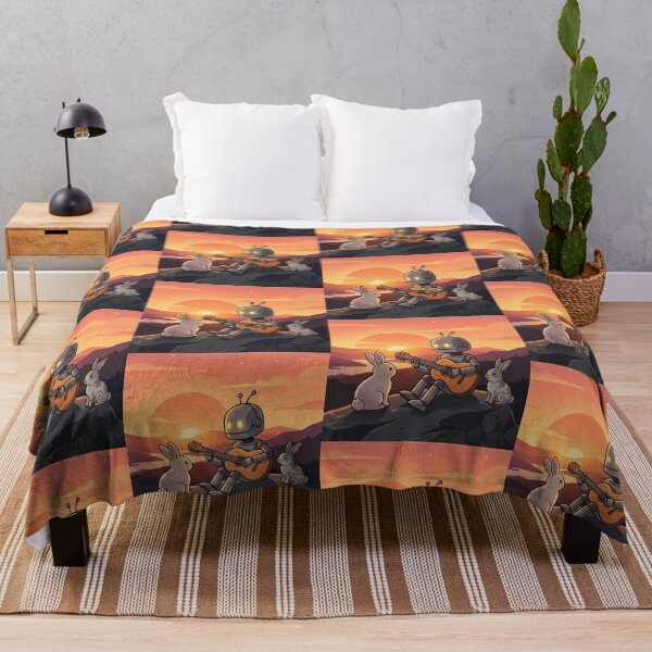 Item preview, Robot Guitarist with Rabbits – Surreal Sunset Illustration designed and sold by Dogandesighn.
