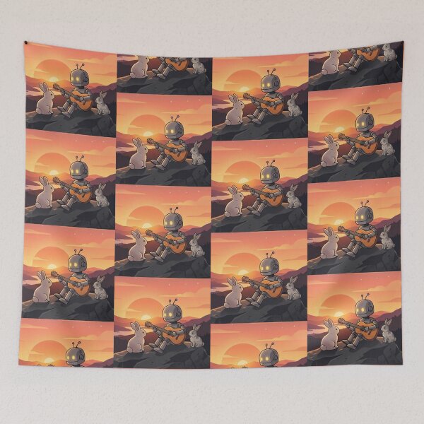 Item preview, Robot Guitarist with Rabbits – Surreal Sunset Illustration designed and sold by Dogandesighn.