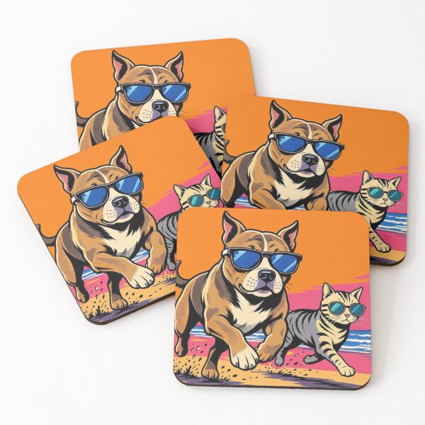 Item preview, Cool Pitbull and Cat on Beach – Pop Art Sunset Illustration designed and sold by Dogandesighn.