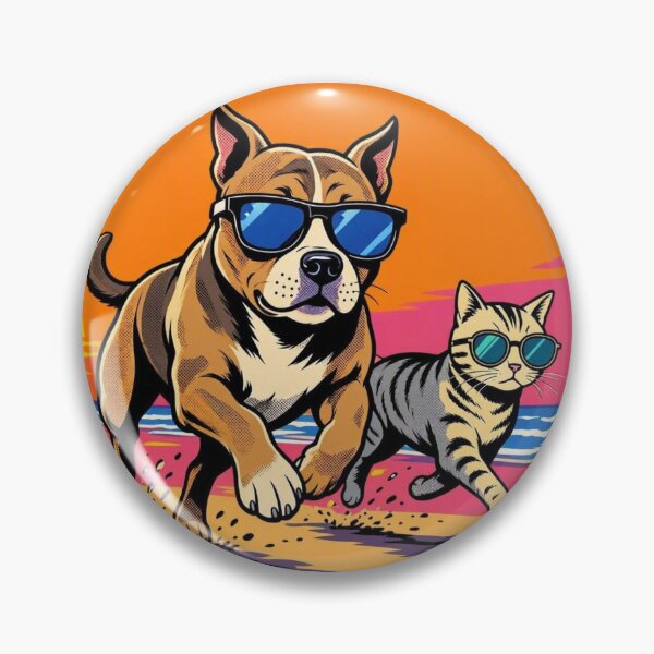 Item preview, Cool Pitbull and Cat on Beach – Pop Art Sunset Illustration designed and sold by Dogandesighn.