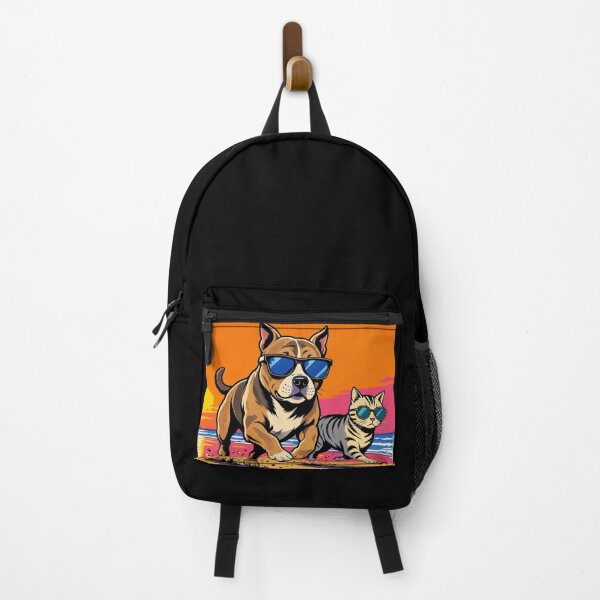 Item preview, Cool Pitbull and Cat on Beach – Pop Art Sunset Illustration designed and sold by Dogandesighn.