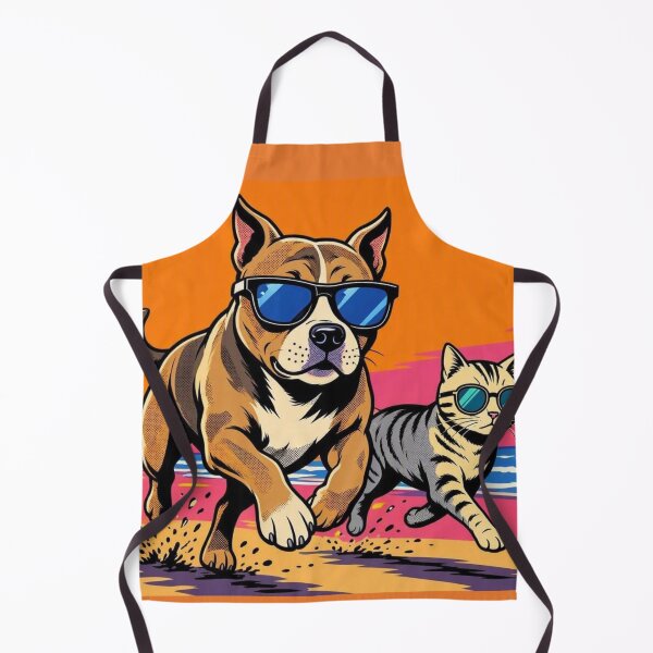 Item preview, Cool Pitbull and Cat on Beach – Pop Art Sunset Illustration designed and sold by Dogandesighn.