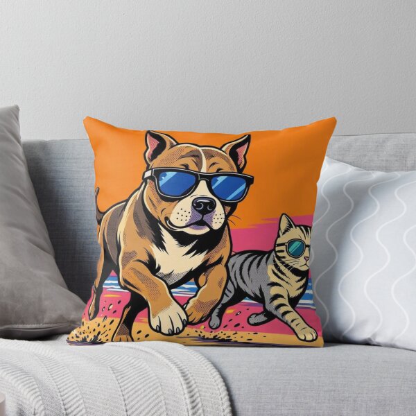 Item preview, Cool Pitbull and Cat on Beach – Pop Art Sunset Illustration designed and sold by Dogandesighn.