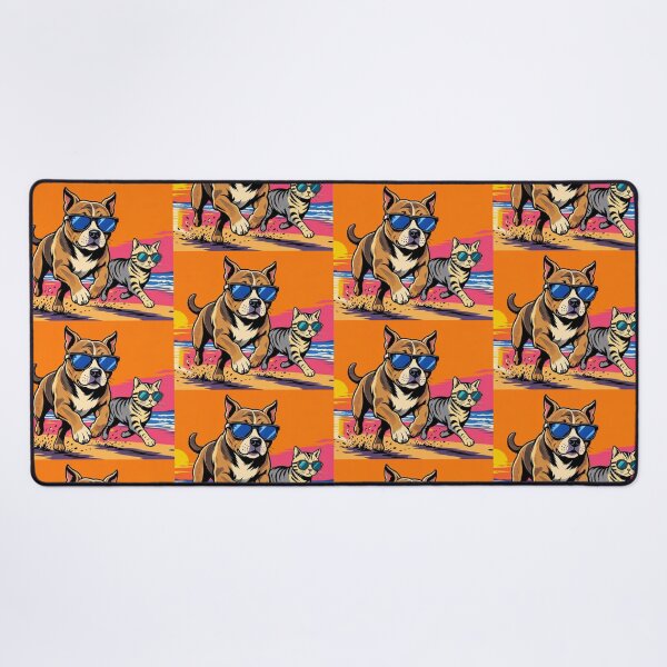 Item preview, Cool Pitbull and Cat on Beach – Pop Art Sunset Illustration designed and sold by Dogandesighn.