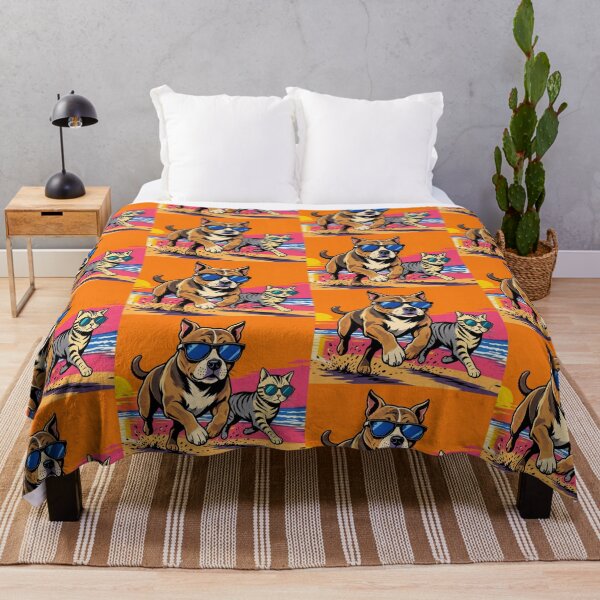 Item preview, Cool Pitbull and Cat on Beach – Pop Art Sunset Illustration designed and sold by Dogandesighn.