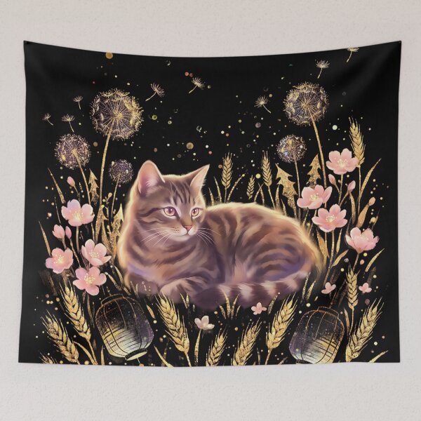 Item preview, Magical Tabby Cat in Wheat Field: Glowing Dandelions & Lanterns designed and sold by CuteKats.