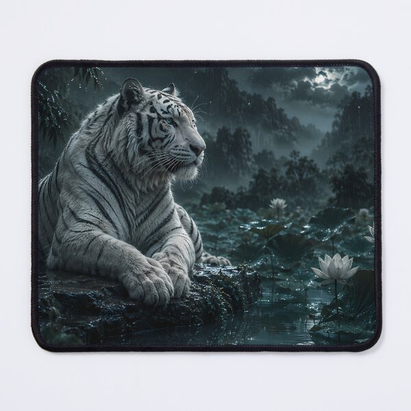 Item preview, White Tiger in a Rainy Lotus Pond – Mystical Blue Wildlife Art designed and sold by ManJiangHong.