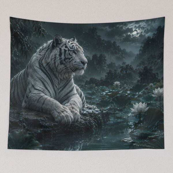 Item preview, White Tiger in a Rainy Lotus Pond – Mystical Blue Wildlife Art designed and sold by ManJiangHong.