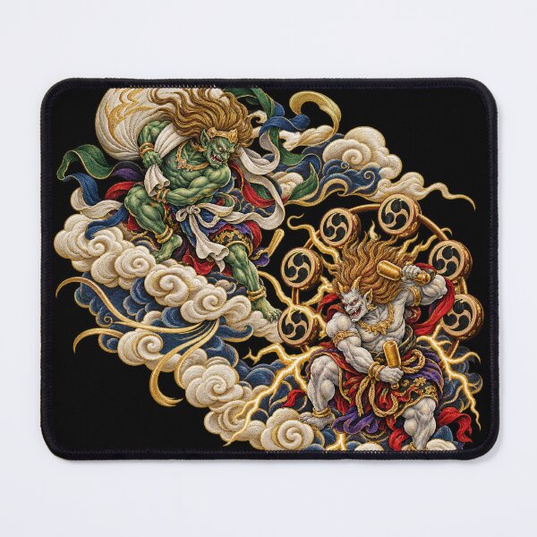 Item preview, Fūjin & Raijin Japanese Thunder Gods – Traditional Japanese Embroidery Style Oni Art designed and sold by アミヤジャ.