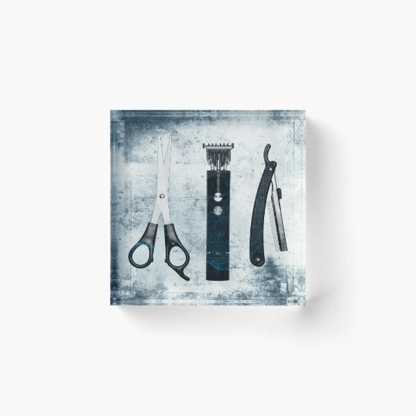 Item preview, Blue-tinted Vintage Barber Tools Shears Clipper and Razor designed and sold by Ghoul Enterprises.