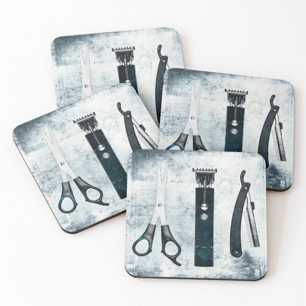 Item preview, Blue-tinted Vintage Barber Tools Shears Clipper and Razor designed and sold by Ghoul Enterprises.
