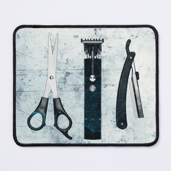 Item preview, Blue-tinted Vintage Barber Tools Shears Clipper and Razor designed and sold by Ghoul Enterprises.
