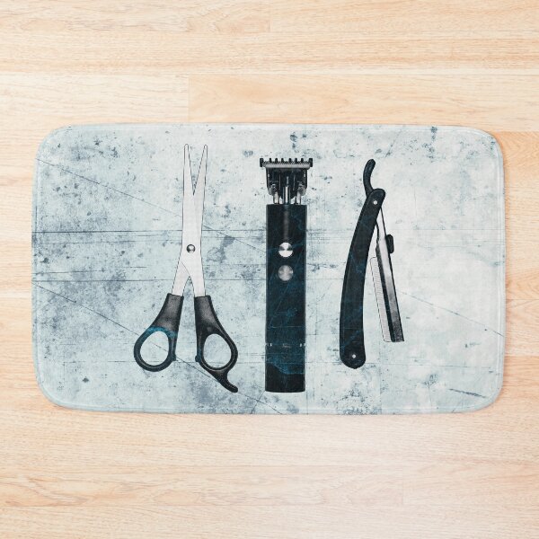 Item preview, Blue-tinted Vintage Barber Tools Shears Clipper and Razor designed and sold by Ghoul Enterprises.