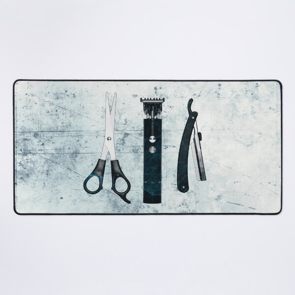Item preview, Blue-tinted Vintage Barber Tools Shears Clipper and Razor designed and sold by Ghoul Enterprises.