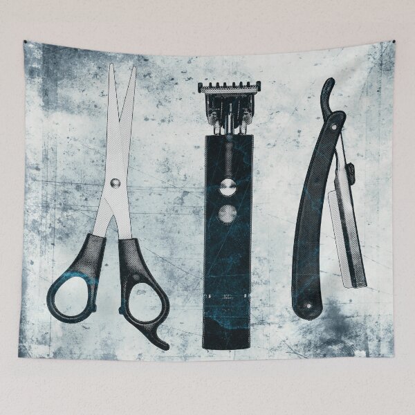 Item preview, Blue-tinted Vintage Barber Tools Shears Clipper and Razor designed and sold by Ghoul Enterprises.