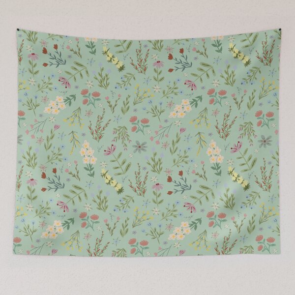 Item preview, Hand Drawn Cottage Garden Flowers on Light Green designed and sold by KSimpson838.