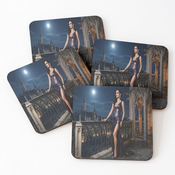 Item preview, Moonlit Gothic Elegance: Woman on Balcony Art Print designed and sold by AfresStudio.