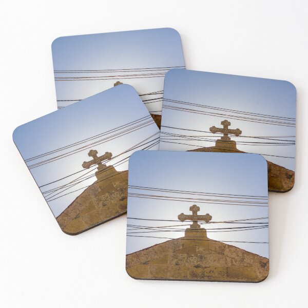 Item preview, Cross On Stone Church Roof Under Clear Blue Sky With Power Lines and Sunlight designed and sold by Nmallia.