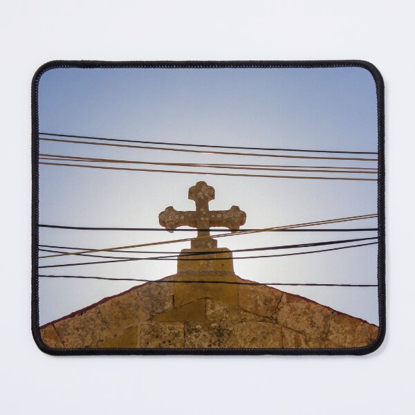 Item preview, Cross On Stone Church Roof Under Clear Blue Sky With Power Lines and Sunlight designed and sold by Nmallia.