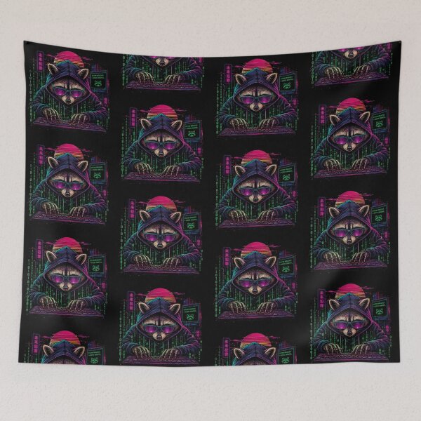 Item preview, Cyberpunk Hacker Raccoon – Neon Digital Sunset Illustration designed and sold by Dogandesighn.