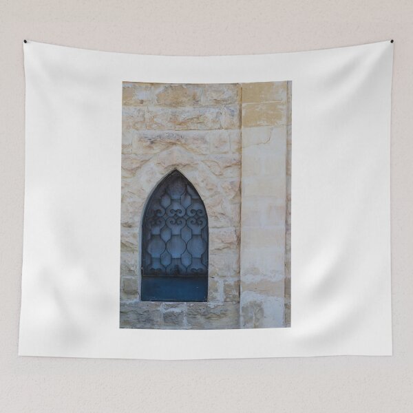 Item preview, Rustic Stone Wall With Arched Window And Decorative Iron Bars On Exterior Building designed and sold by Nmallia.