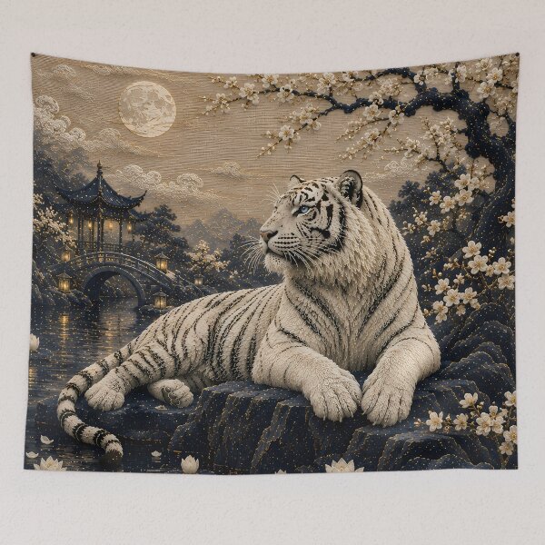 Item preview, White Tiger in Moonlit Lotus Garden – Mystical Asian Wildlife Art designed and sold by ManJiangHong.