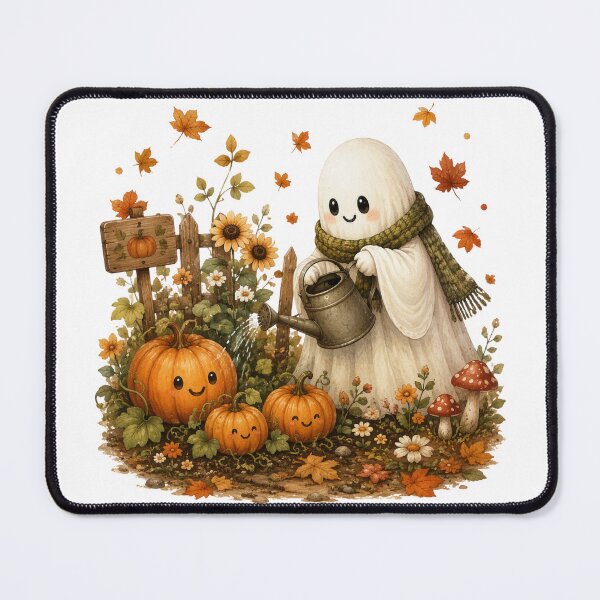 Item preview, Cute Ghost Gardening with Pumpkins | Cozy Autumn Halloween Art designed and sold by CreatedbyKandJ.