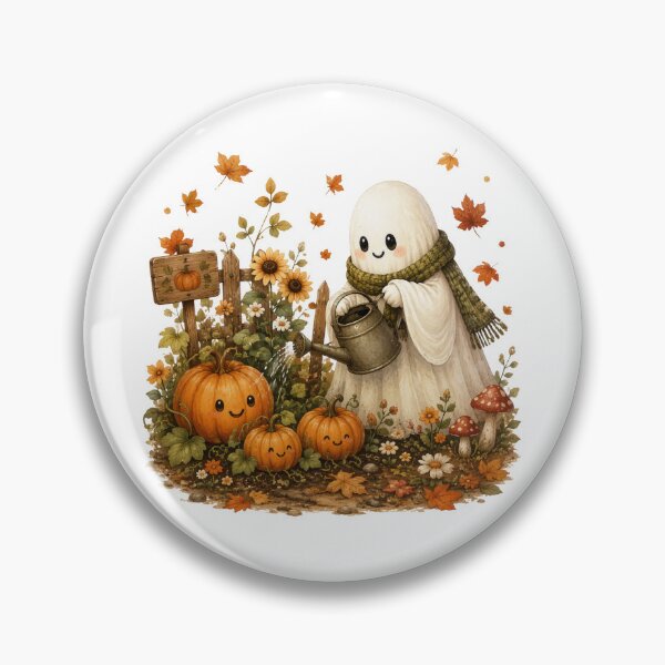 Item preview, Cute Ghost Gardening with Pumpkins | Cozy Autumn Halloween Art designed and sold by CreatedbyKandJ.