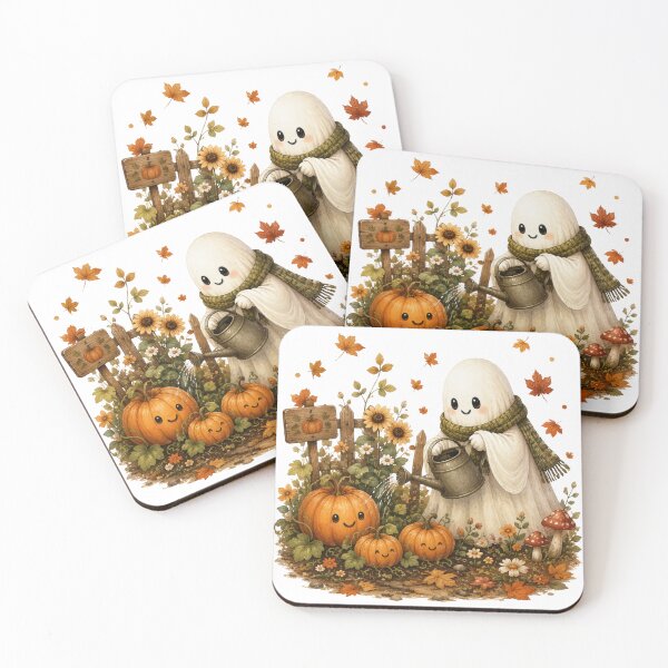 Item preview, Cute Ghost Gardening with Pumpkins | Cozy Autumn Halloween Art designed and sold by CreatedbyKandJ.