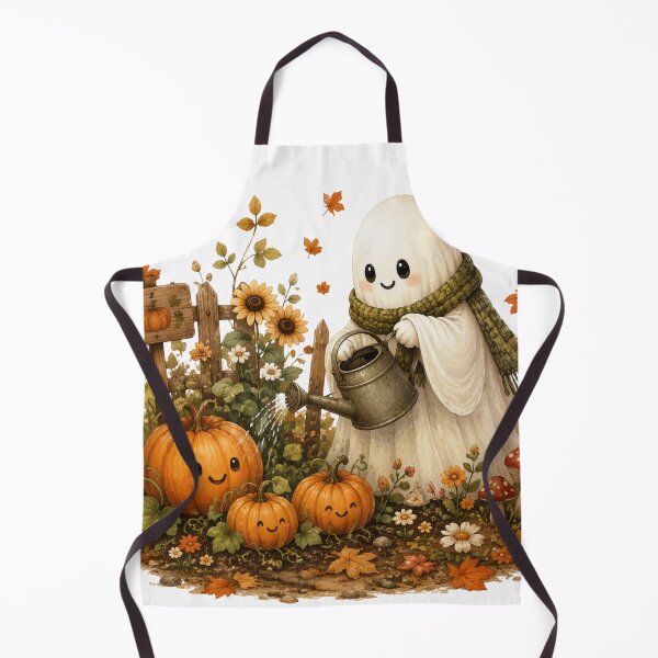 Item preview, Cute Ghost Gardening with Pumpkins | Cozy Autumn Halloween Art designed and sold by CreatedbyKandJ.