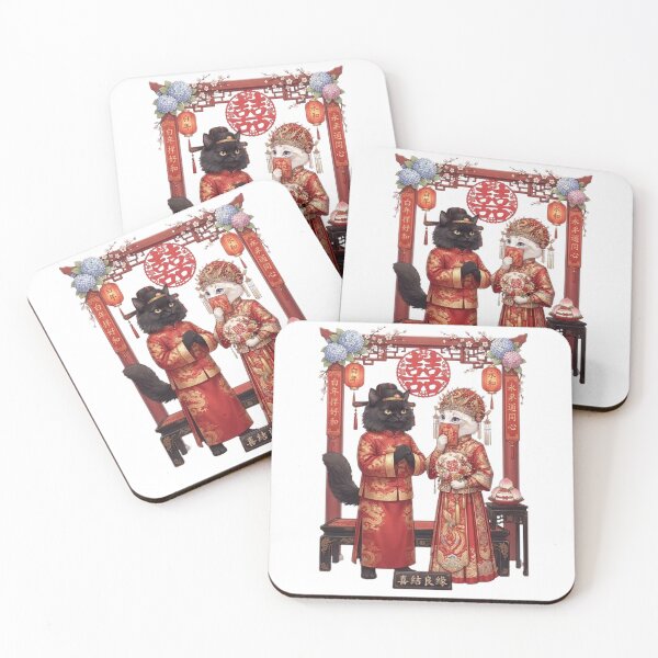 Item preview, Traditional Chinese Wedding Cats - Cute Oriental Marriage Illustration designed and sold by PetalsPaws.