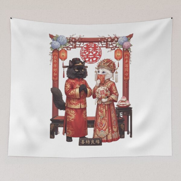 Item preview, Traditional Chinese Wedding Cats - Cute Oriental Marriage Illustration designed and sold by PetalsPaws.