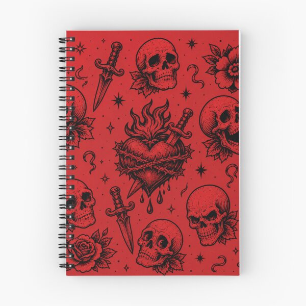 Item preview, Black and Red Tattoo Flash Pattern, Skulls Sacred Heart Daggers and Roses Gothic Art designed and sold by KishShop.
