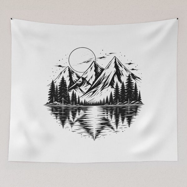 Item preview, Mountain Lake Reflections Black and White Nature Landscape designed and sold by timiparkerart.