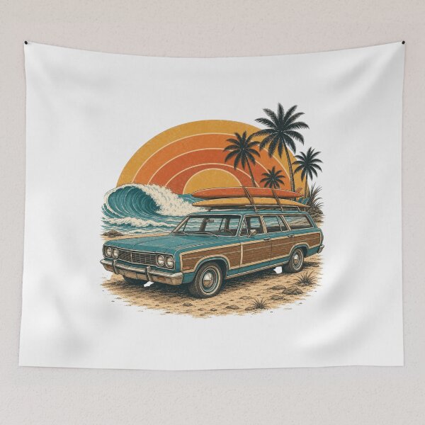 Item preview, Vintage Surf Wagon Beach Sunset Surfboards Wave Palm Trees designed and sold by Retro Surf & Roam.