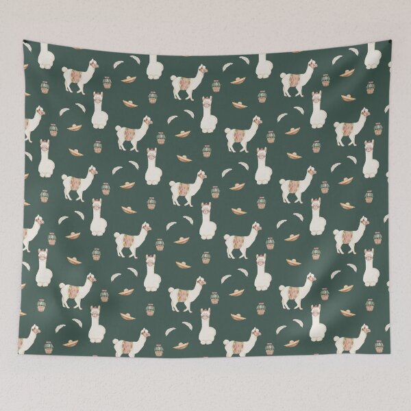 Item preview, Cute Watercolor Llamas Cacti and Sombreros Dark Green Fiesta Pattern designed and sold by svitlaarty.